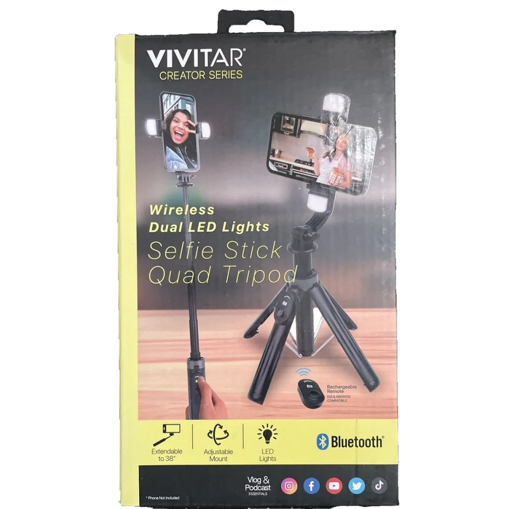 Vivitar Creator Series Wireless Dual LED Light Selfie Stick w/Quad Tripod
